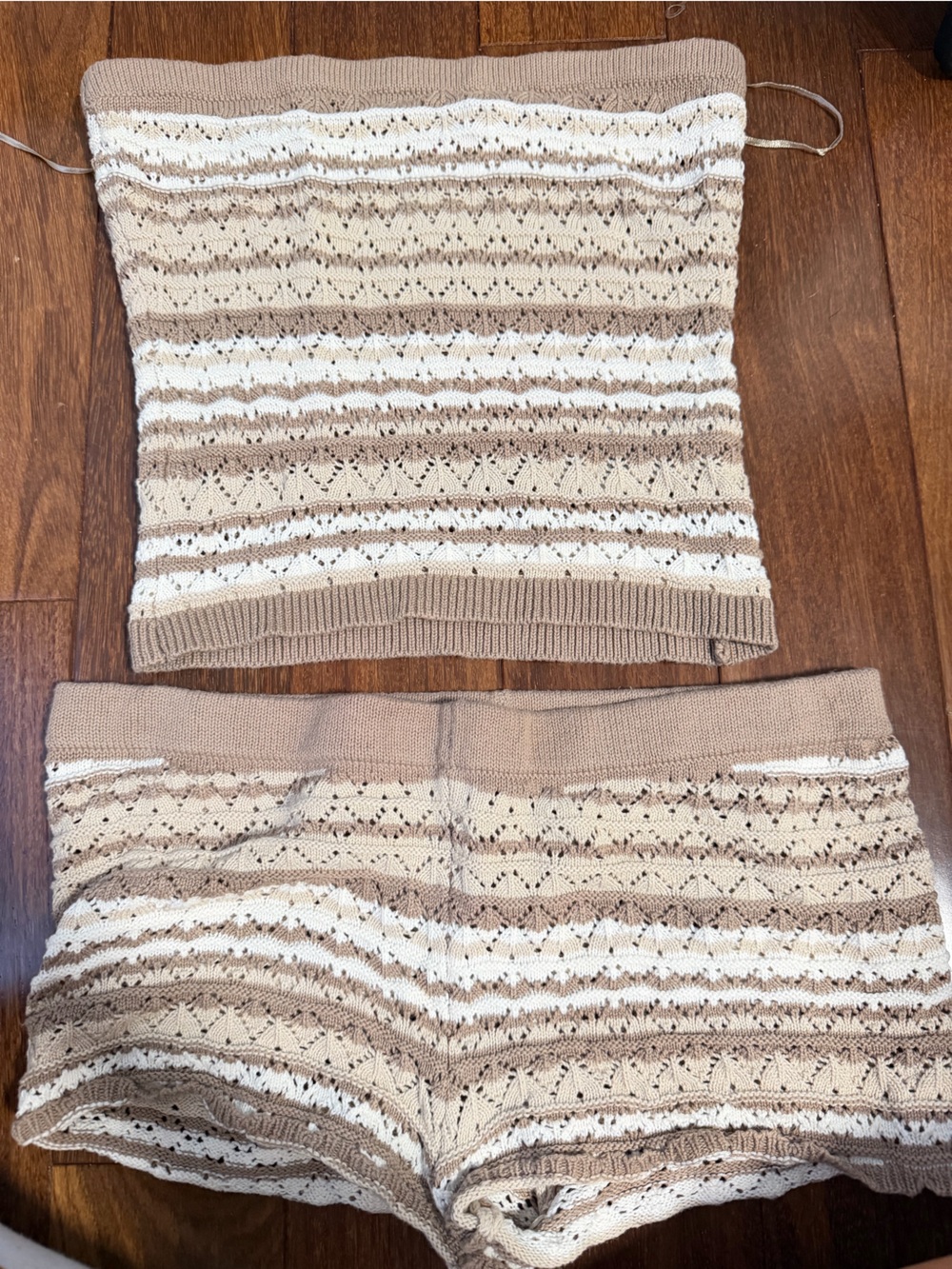 Edikted Beige, Cream & Tan Striped Knit Tube Top and Shorts Set